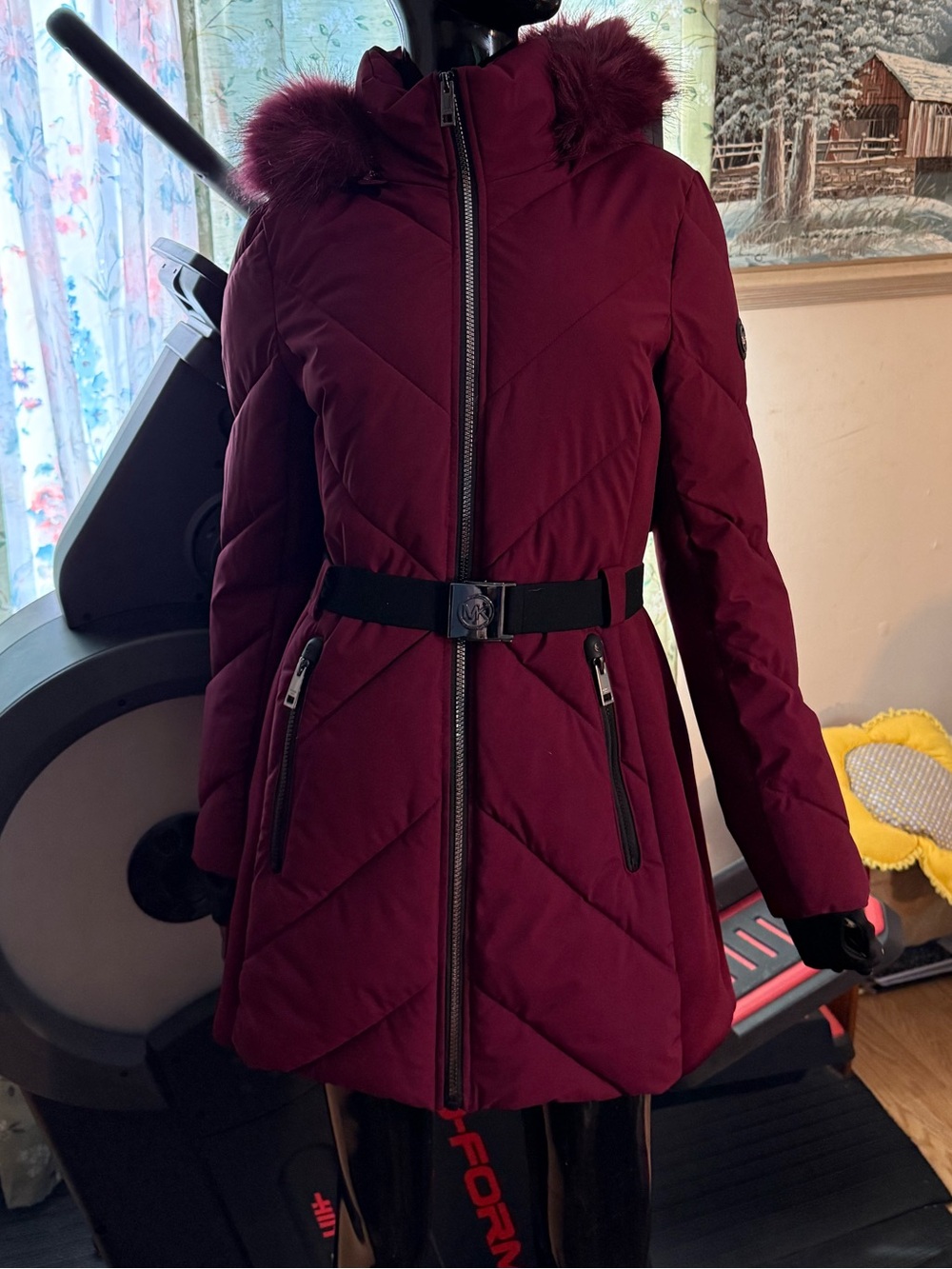 Michael Kors Burgundy Quilted Puffer Jacket with Faux Fur Trim